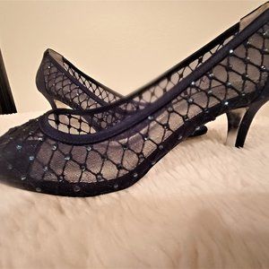 Adrianna Papell Jamie Navy Blue Peep Toe Pumps.  Matching clutch purse.